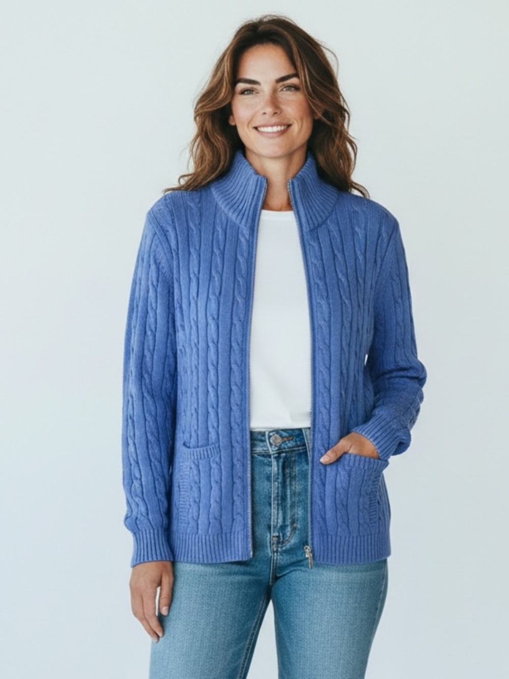 American Living • Cable Knit • 100% Cotton Zip Front Cardigan • Blue • Size M